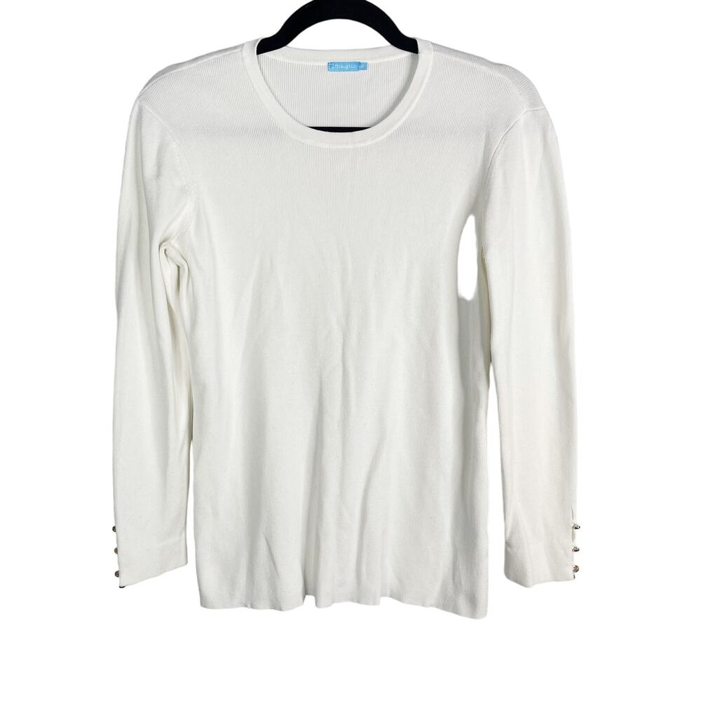J McLaughlin Medium M White Ribbed Crew Neck Button Cuff Sweater Cotton Modal